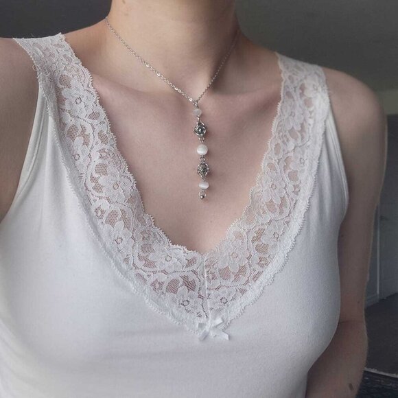 Gothic long Selenite and silver chain mail rosary necklace - Picture 2 of 8